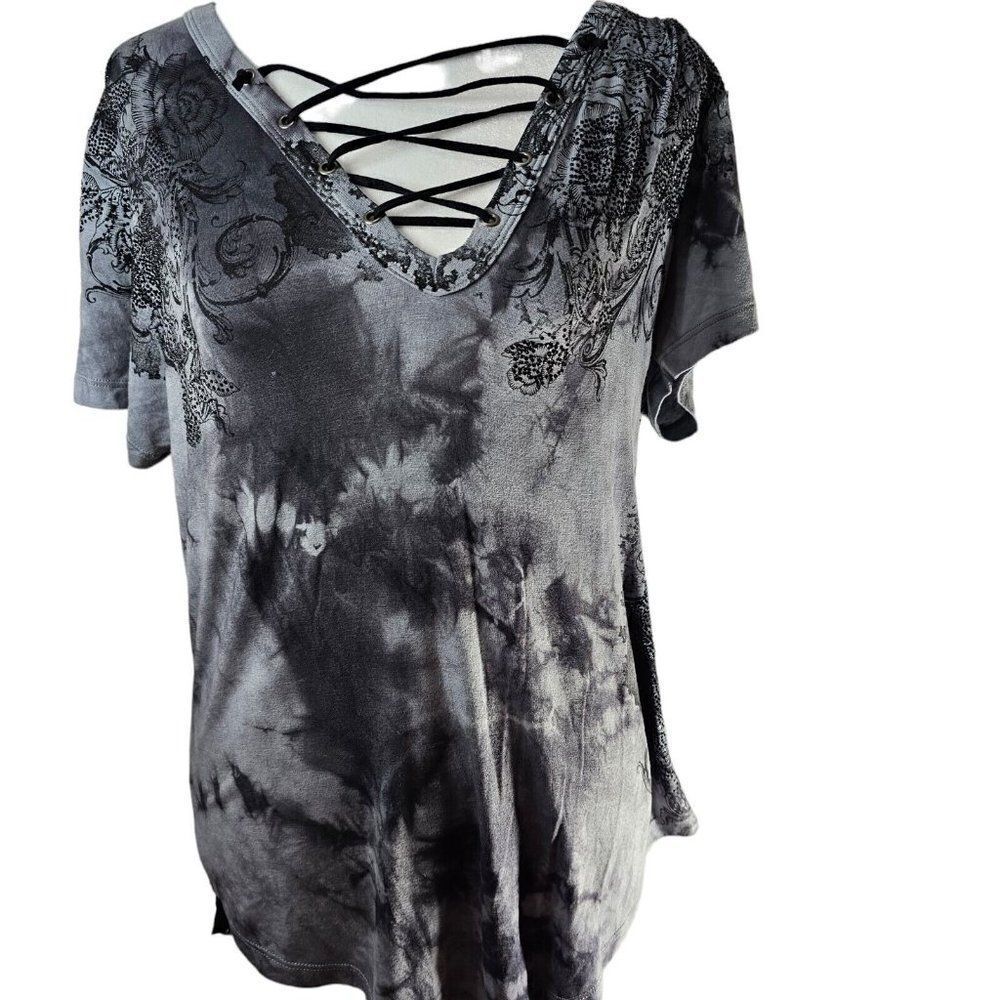 Vintage Y2K Affliction Shirt Womens Size Medium Black Grey Lace Back Corset